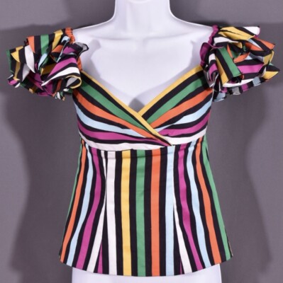 Caroline Constas Louisa Off the Shoulder Striped Cotton Flatter Blouse Top US XS
