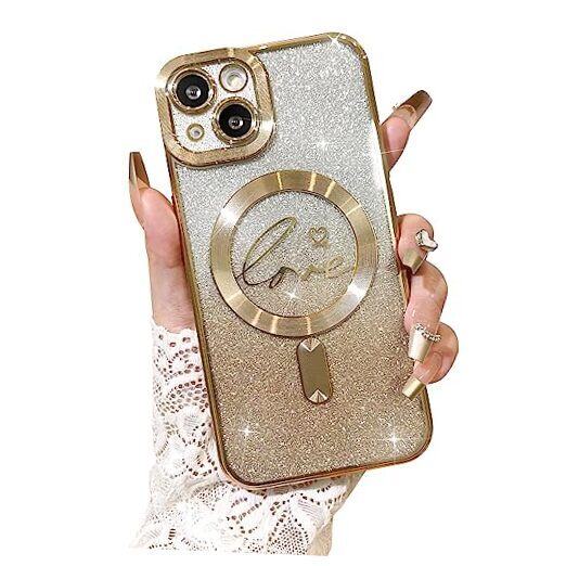 Compatible with Case,Compatible with MagSafe Love Heart Plating iPhone 13 Gold