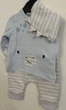 Mothercare 3pc Blue Dinosaur Top ,Grey & Cream Bottoms & Hat ~ 1 Month ~ 10lbs