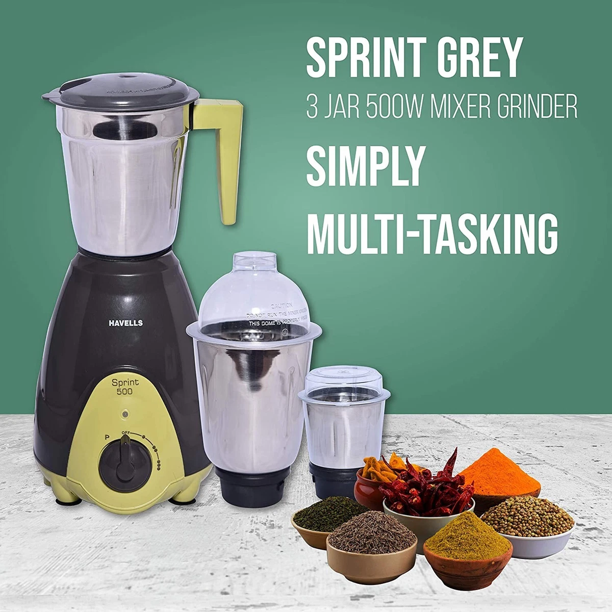 Havells Sprint Mixer Grinder 500 Watt 3 Jar 220V Grey Green