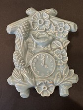 Vintage Baby Blue  Glaze Wallpocket Cuckoo Clock / Bird / Flowers / Pinecones