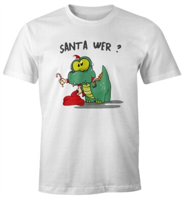 Herren T-Shirt Fun Motiv Dinosaurier frisst Santa Claus Spruch Santa Wer?