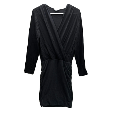 james perse v neck ruched dress James Perse Dress Womens 2 Black Wrap V-Neck Ruched Long Sleeve Midi Stretch