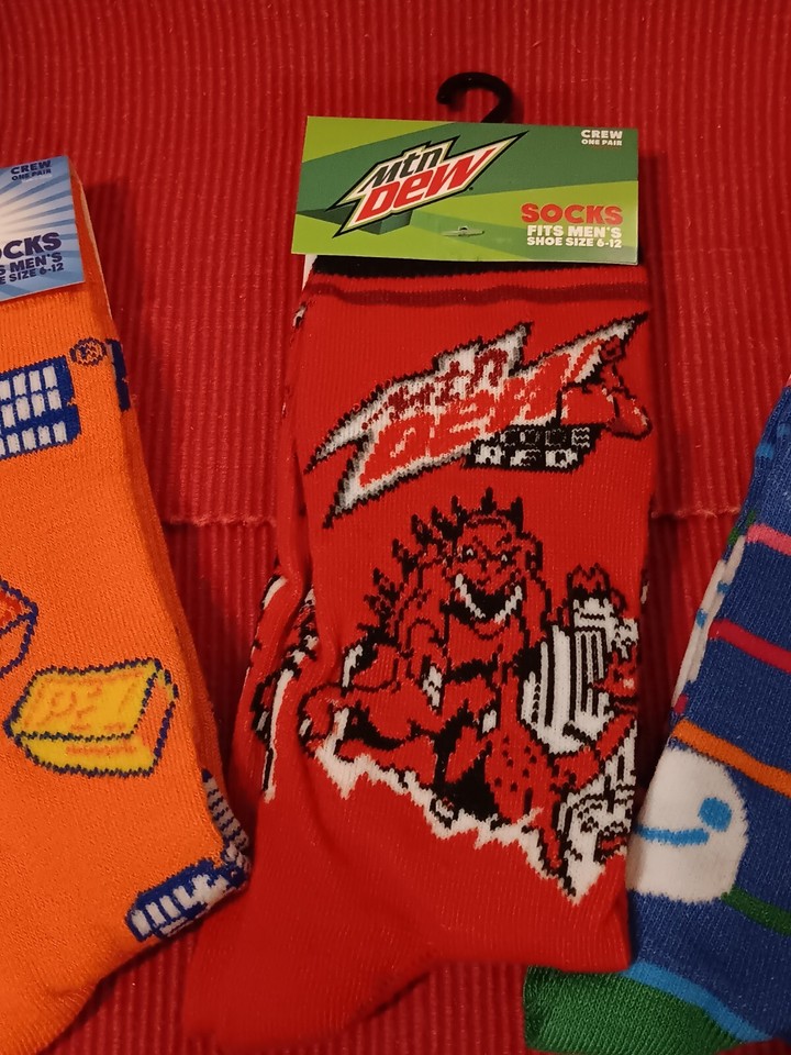 3 Pair Lot Food Theme Novelty Crew Sock PEZ, CODE RED M.DEW, JET PUFFED ...