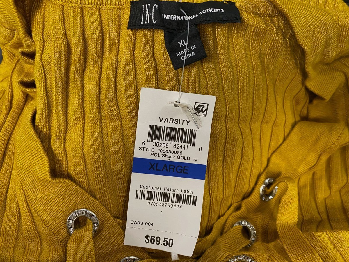 INC International Concepts Women Yellow Ribbed Rhinestone Sweater