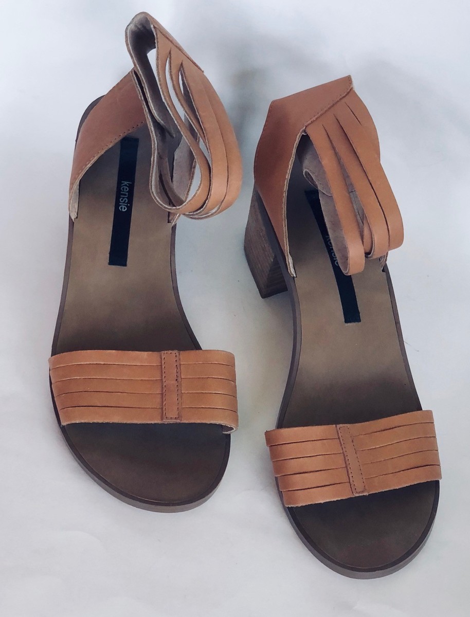 Kensie Leather Sandals (Heidi), Med Stacked Heels, Strappy Ankle 