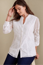 Soft Surroundings Button Front Lace/Embroidered Fiori Blouse Ivory Pearl Medium.