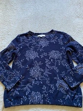 LOFT Women Floral Long Sleeve Crew Neck Knit Blouse Navy Blue Size S