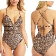 BAR III Women's Bonita Cheetah X-Back One-Piece Swimsuit Size Medium