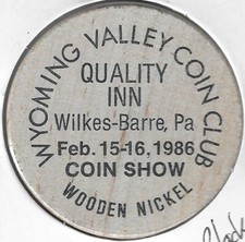 1986, Wyoming Valley Coin Club, Wilkes-Barre, Pennsylvania, BLACK Wooden Nickel