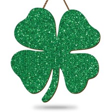 St. Patrick's Day Door Sign Glitter Shamrock Wooden Hanging Sign Green Four-L...