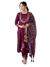 Women' s Viscose Chanderi Embroidery Kurta with Pant  Dupatta