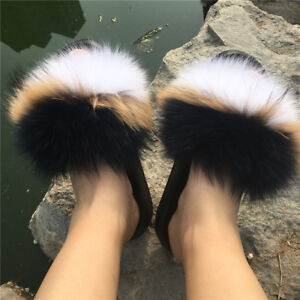 Bicolor Black White Real Fox Fur Slides Sandles Slippers Indoor Outdoor Shoes