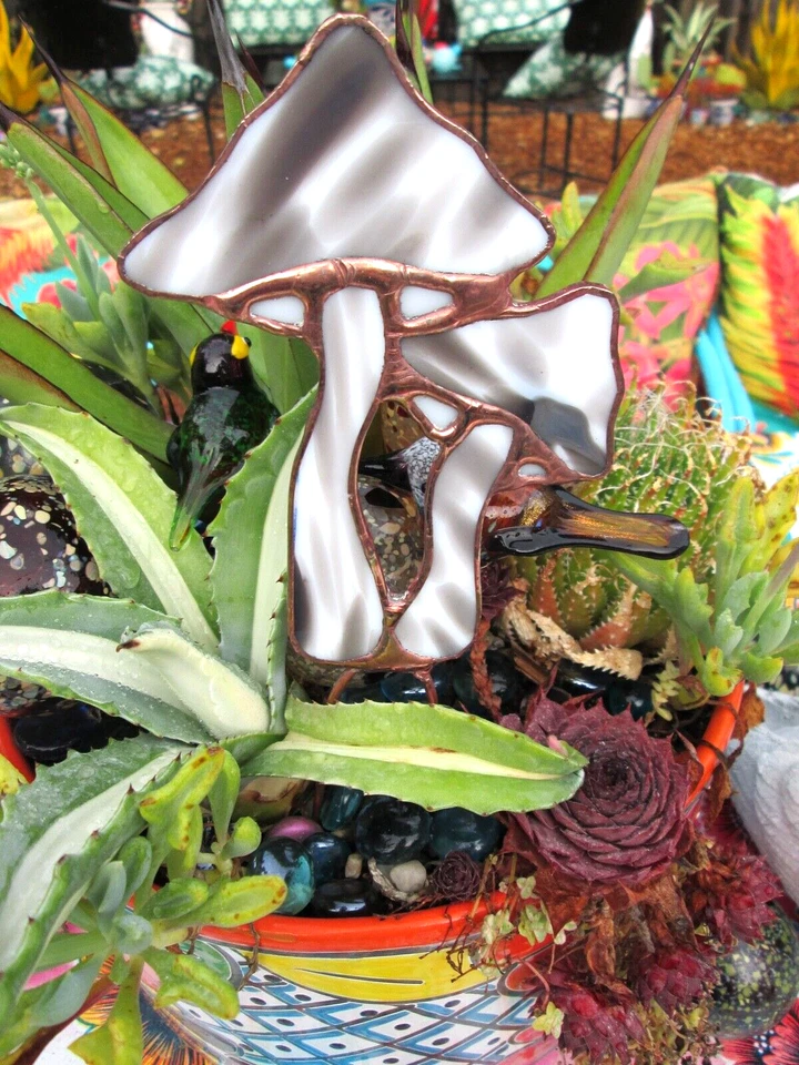 Stained Glass Mushroom Garden Stake (Black & White) Fun Decor Gifts - Image 2 of 4