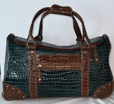 Samantha Brown embossed aqua green and brown carry on roller luggage