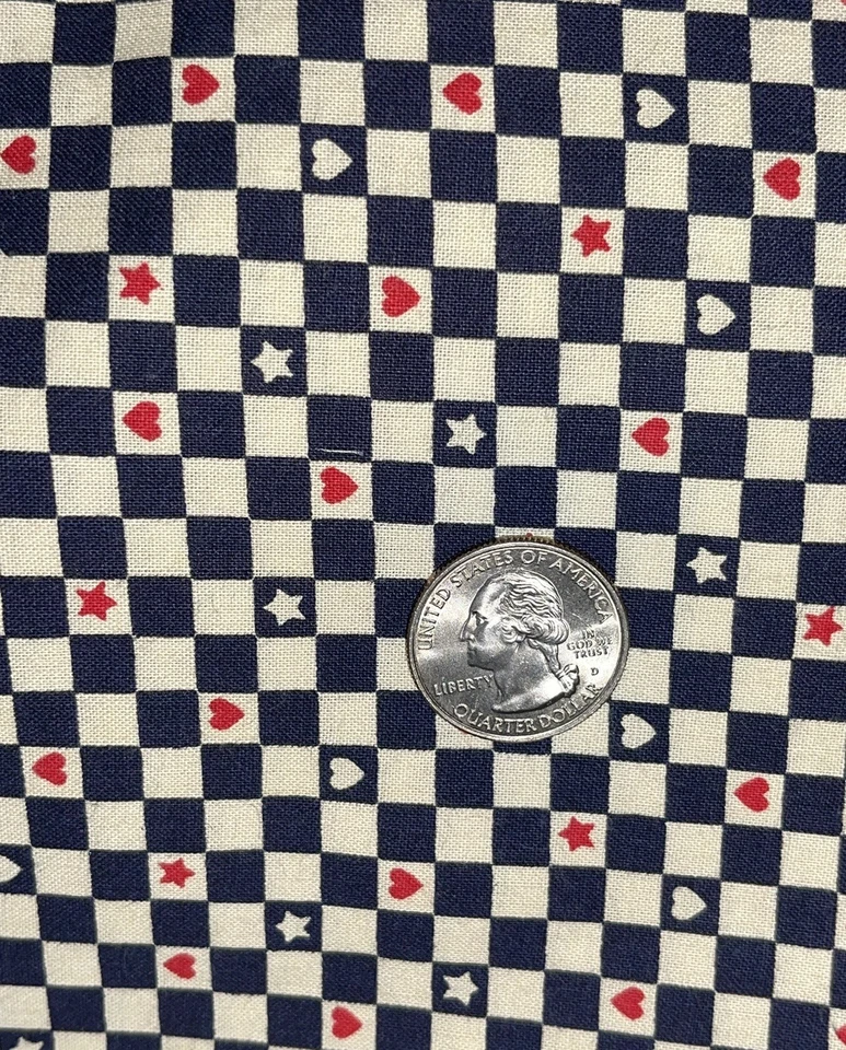 Red White Blue Patriotic Fabric Checkered Hearts & Stars 18 X 44” Cotton - Image 3 of 4