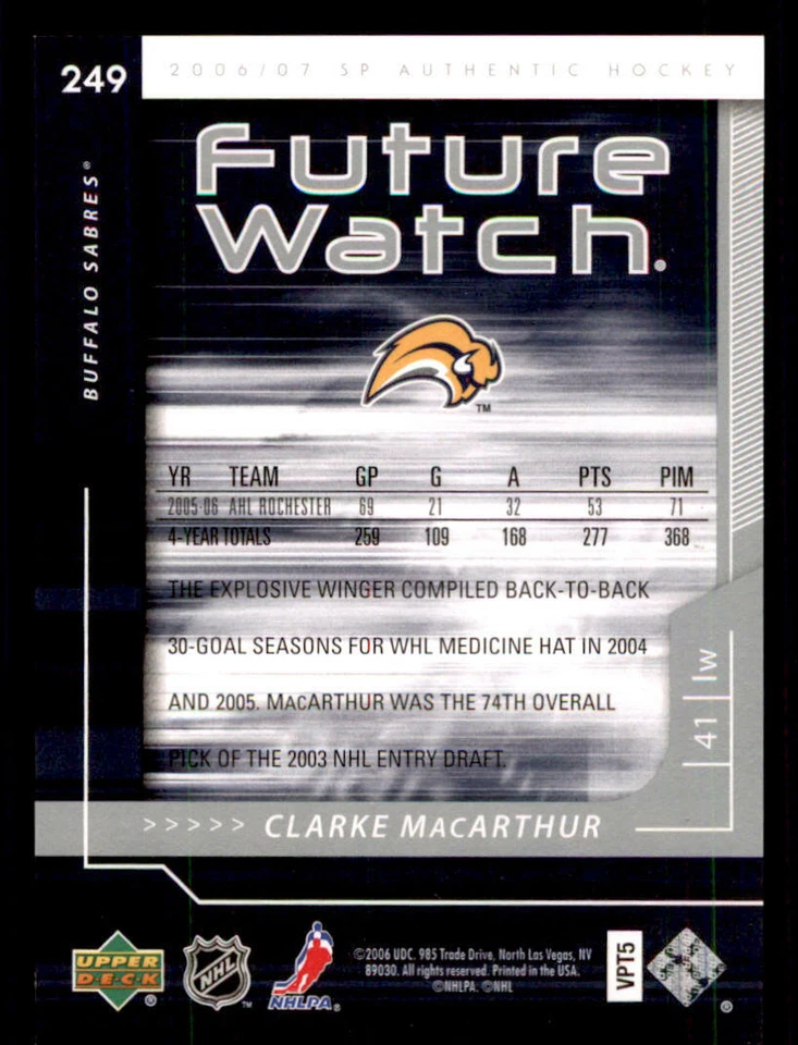 2006-07 SP Authentic #249 Clarke MacArthur RC /999 (ref 240065) - Image 2 of 2