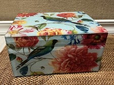 Vtg Beautiful Glass BIrd Floral Square Trinket Jewelry Box Beveled Edges