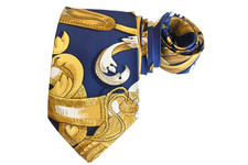 HERMES SCARF MEN'S TIE BLUE, GOLD/MORS ET FILETS Width: 3.75" Length: 57"