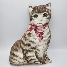 Vintage Tabby Cat Pillow 13x9 Blue Eyes Pink Bow Brown White Fur Cottage Granny