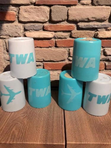 3 Vtg Sets TWA Salt Pepper Shakers Mini 1"x.5" Trans World Airlines Aqua White