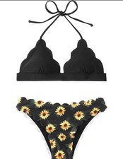 Women's Sexy Bathing Suits Scallop Halter Bikini Top Floral Print