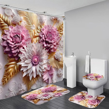 4Pcs White and Pink Shower Curtain Sets White Flowers Floral Bathroom Flower