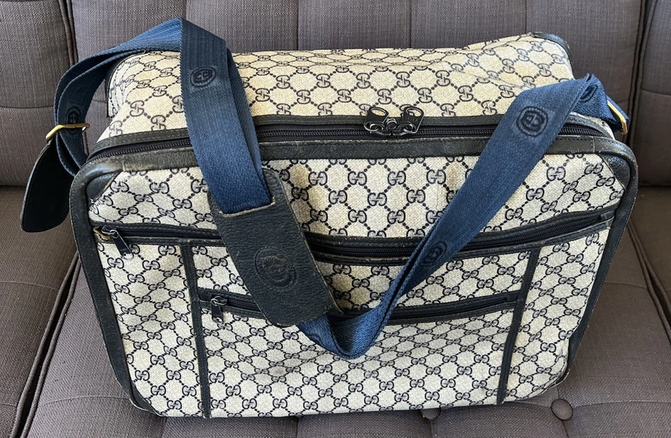 Vintage 1970s GUCCI Suitcase GUCCI Blue  Monogram Coated Canvas Pilot Travel Bag - Image 3 of 4