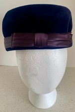 Vintage Velour Regale Navy Blue Pillbox Hat with Bow