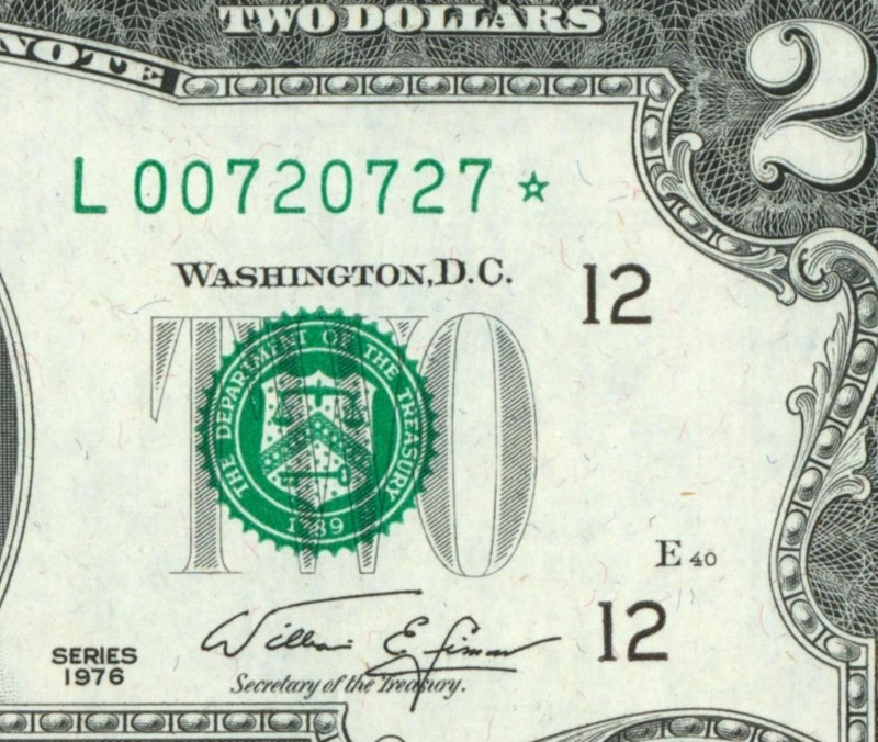 **STAR - 6 DIGIT** $2 1976 ((CU)) FEDERAL RESERVE (RED GLUE) (2nd of 4 consec)