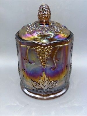 Vtg Indiana Carnival Glass Pipe Tobacco Jar w Lid Grape Leaves Design 7.5 Tx4.6 