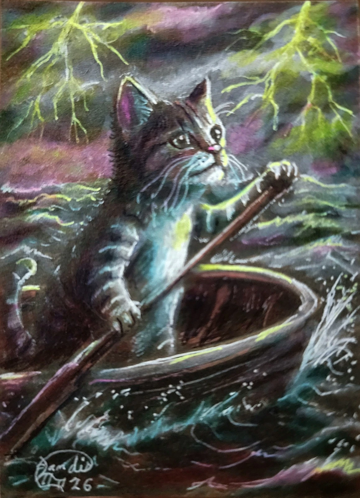Jacob Landis HANDMADE ORIGINAL art ACEO Boat Kitten Danger "Caught In A Storm"
