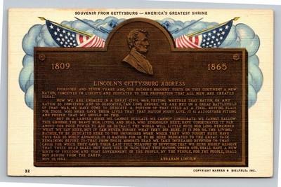 Vintage Gettysburg Lincoln's Address Bronze Tablet Postcard Marken Bielfeld