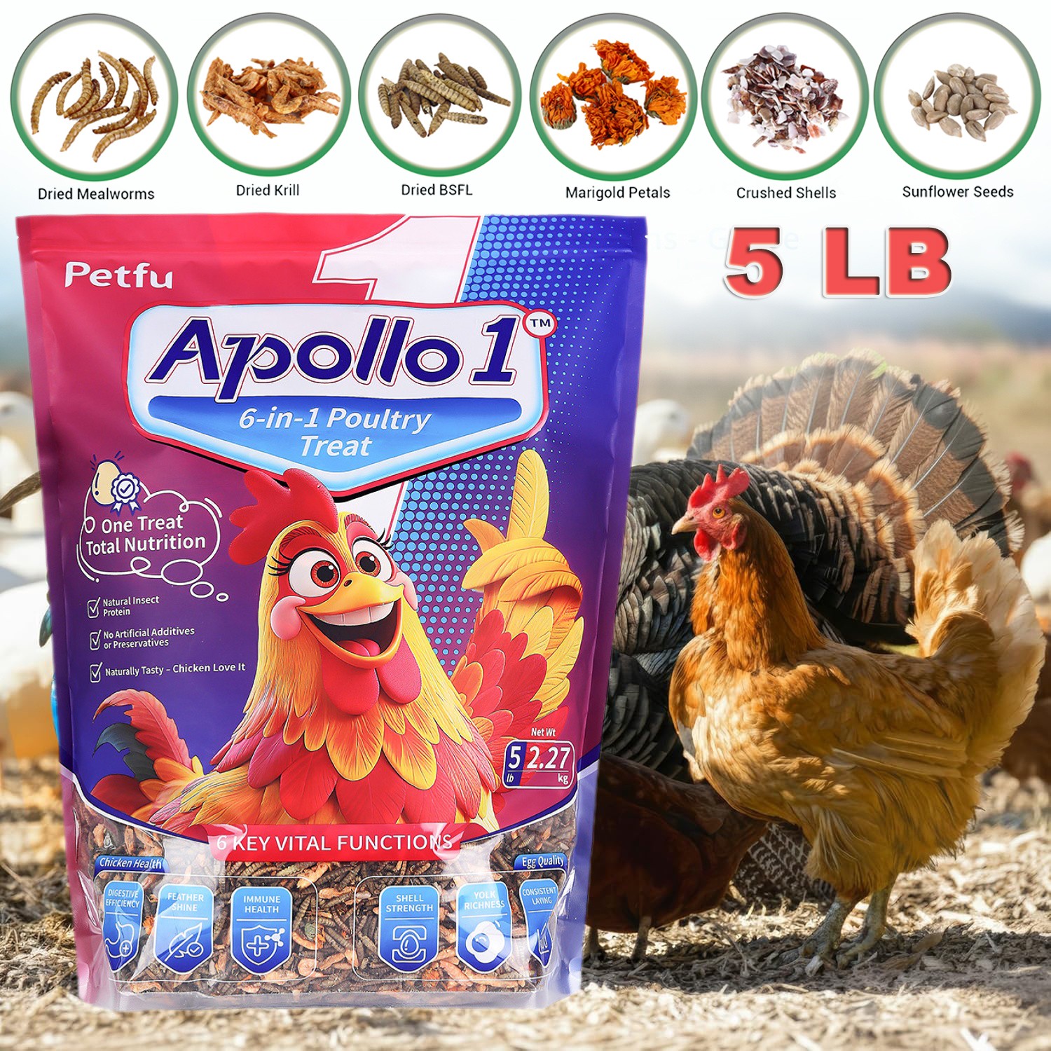 5LB Dried Mealworms & Dried BSFL & Dried Krill Mixed Chicken