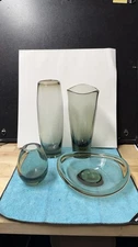Holmegaard Denmark Signed Smoke Glass Set of 4 Vases & Bowl Danish Modern