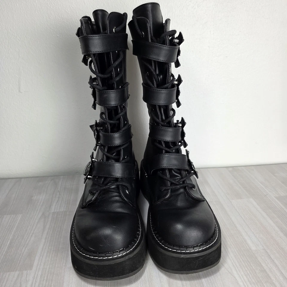 Demonia Emily-322 黑色厚底中筒靴 Goth Punk Alt Chunky Zip 女式 8 — 第 4/4 张图片