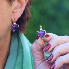 Boucles d'oreilles Dormeuses Doré Serti de CZ Bleu Ovale Améthyste Violet SB4