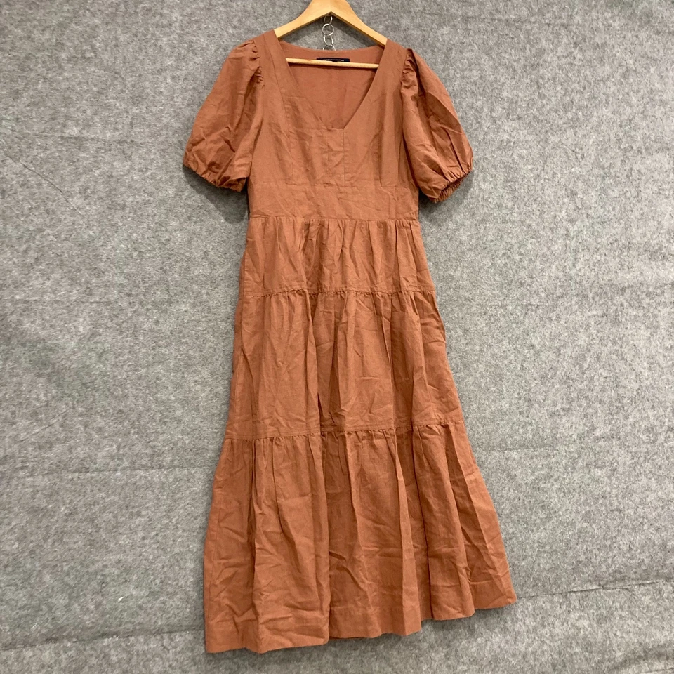 Vestido French Connection para mujer talla 10 marrón manga corta cuello en V bolsillos lino Foto 2 de 4