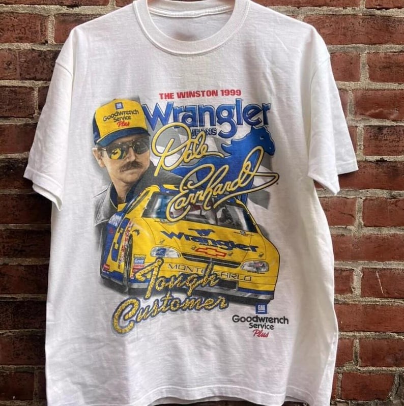 Vintage 90s Dale Earnhardt Wrangler Tough Customer NASCAR White Tee QT2555