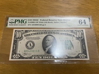 1934C Banconota 10 $ Federal Reserve Boston PMG 64 Scelta UNC Fr#2008 AW Larga