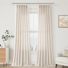 Pleated Linen Curtains 96 Inches Long for Living Room 2 Panel Set Cream Ivory...