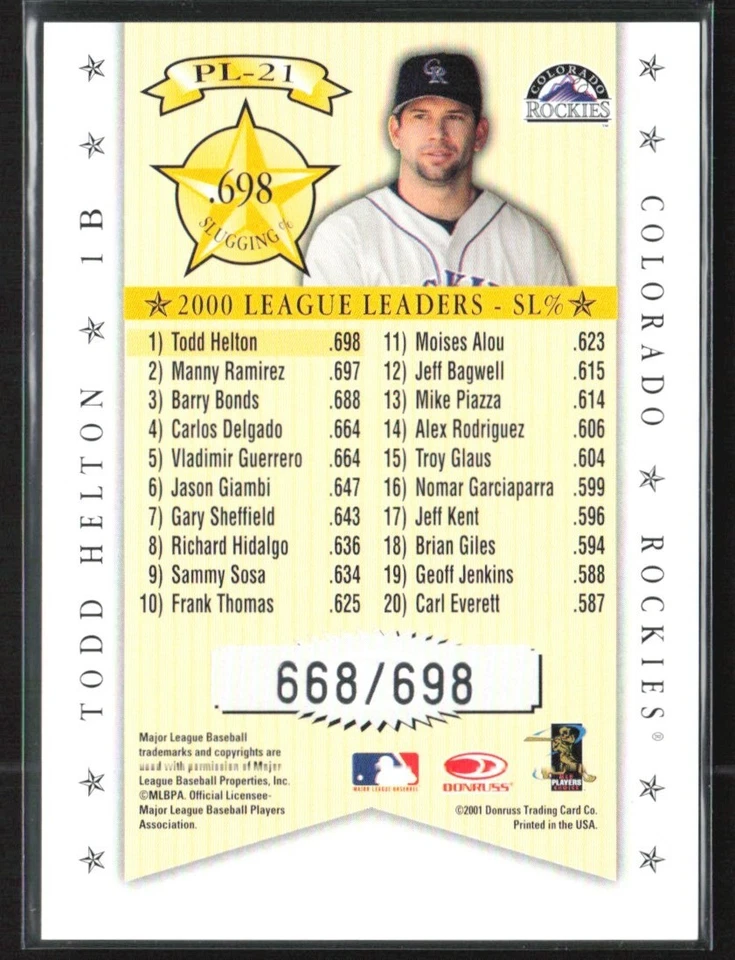 Todd Helton 2001 Donruss Production Line /698 #PL-21 Colorado Rockies - Image 2 of 2