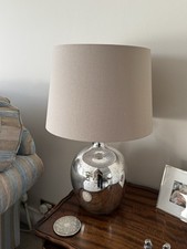 Image of SET OF 2 Chrome Ceramic Table Lamp with Linen Shade – Bedside /Living Room Light