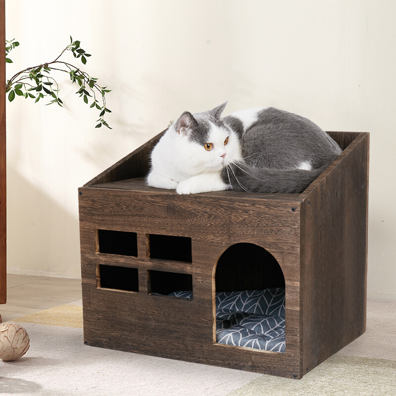 Wooden Cat House Puppy Cat Castle with Soft Cushion Indoor Kitty