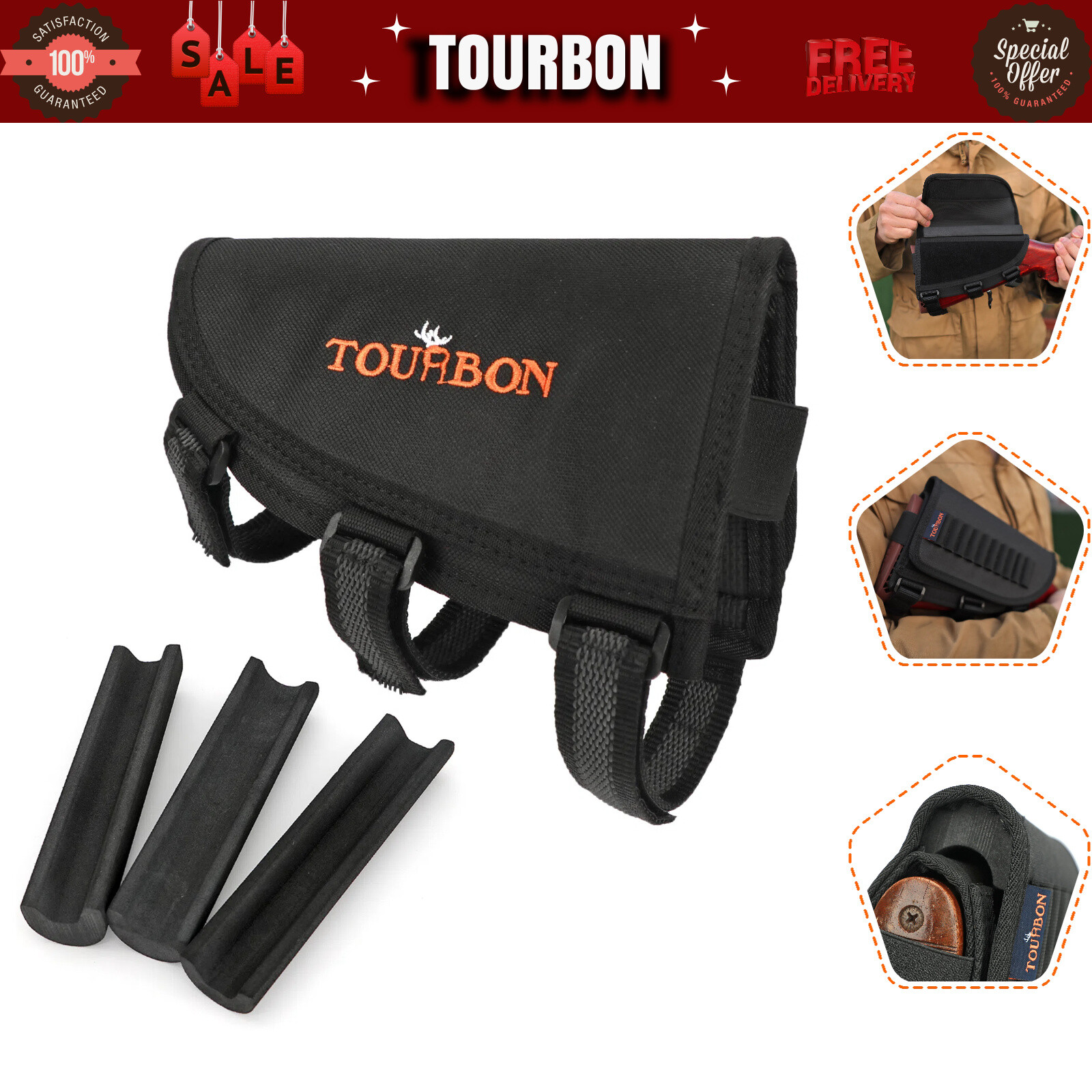 TOURBON Shooting Cheek Riser Rest Gun Stock Ammo Holder Pouch Hunting Bullet Bag
