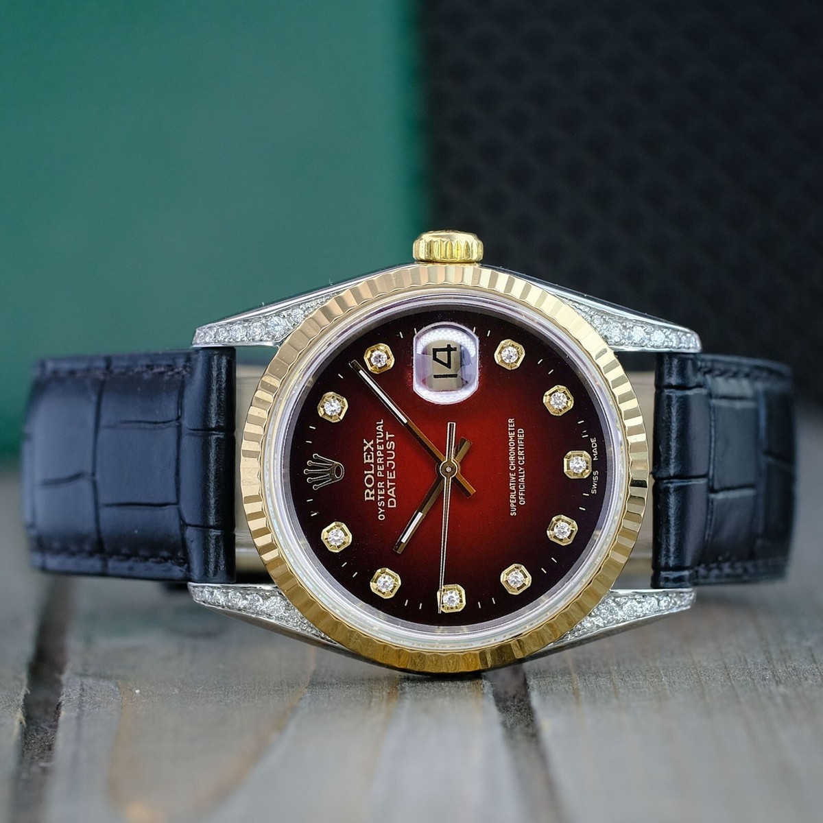 Rolex Datejust Two-Tone Watch Red Vignette Diamond Dial 18KY 16233