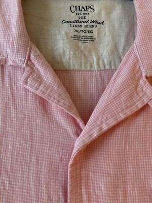 CHAPS  Linen Button UP SS Shirt Pink Check Breathable Lightweight Size XL EUC