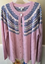 Appleseeds Women's Ltd Edition Pink Wool Blend Embroidered Cardigan Sweater Lg