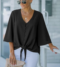 luvamia Women's V Neck Tops 3/4 Sleeve Tie Knot Blouses Solid Button Down Size M