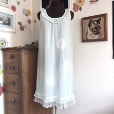 Vintage Nylon Chiffon Nightgown, 60s Mint Green Trapeze Nightie Nan Flowers Med